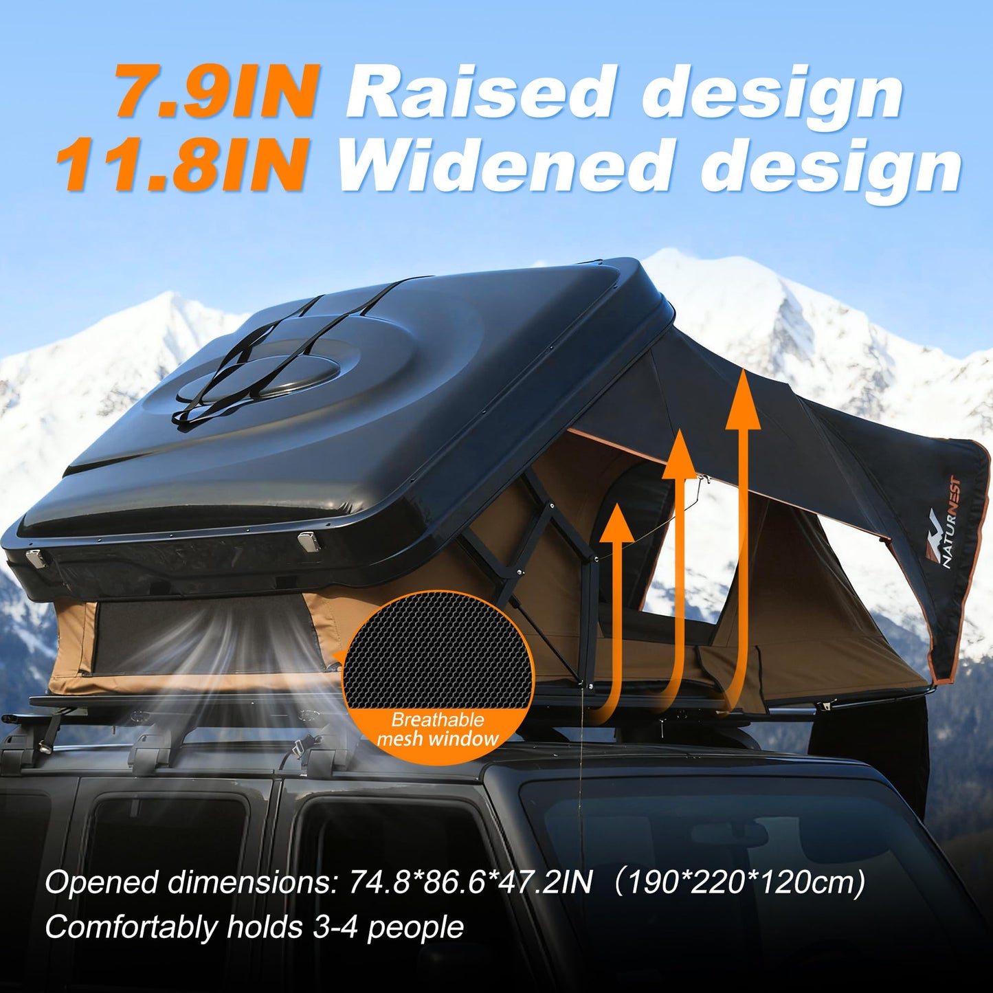 Naturnest Rooftop Tent Hard Shell, Easy Set Up Extra Large Roof Tent for 4 Person Camping Top Tents, Waterproof UV-Resistant 4 Season Tents for Truck, Jeep, SUV, Trailer - Sirius 2 XL