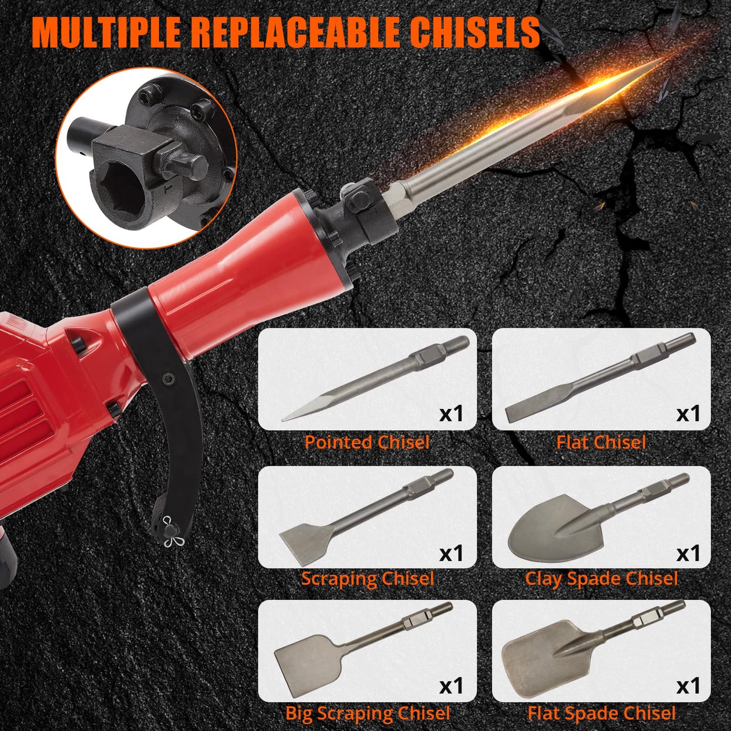 3600W Demolition Jack Hammer Metal Concrete Breaker Jack Hammer Electric Tool Kit, 6pcs Chisels Bit Set W/Case, Noise-Canceling Earplug, Shoulder Strap