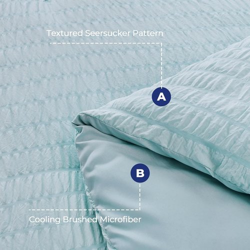 HYMOKEGE Comforter Set - Luxury 7-Piece Bedding in Lake Blue | All-Season Seersucker Design