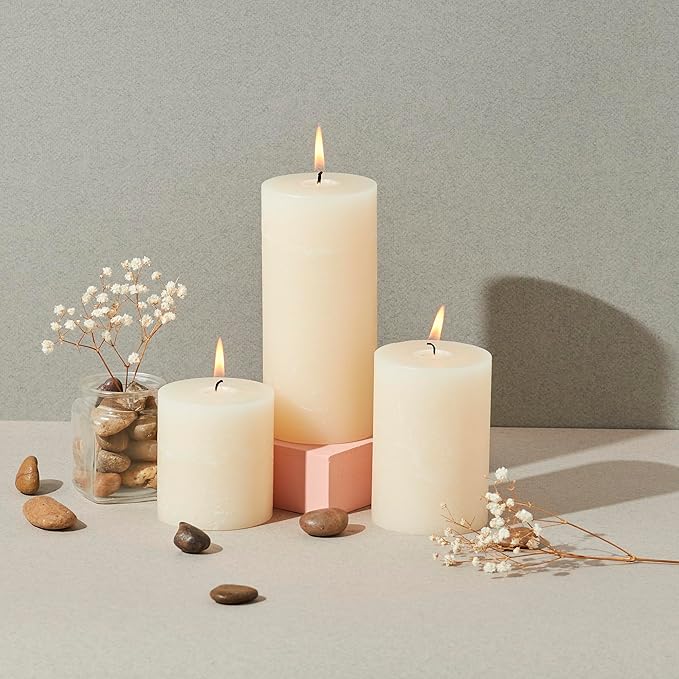 Simply Soson 3x4 inch Ivory Pillar Candles Set of 6, Rustic Texture, Unscented Ivory Candles, Dripless Candles, 3 inch Pillar Candles Ideal as Wedding, Parties, Spas, Dinner, Home Decoration, Church