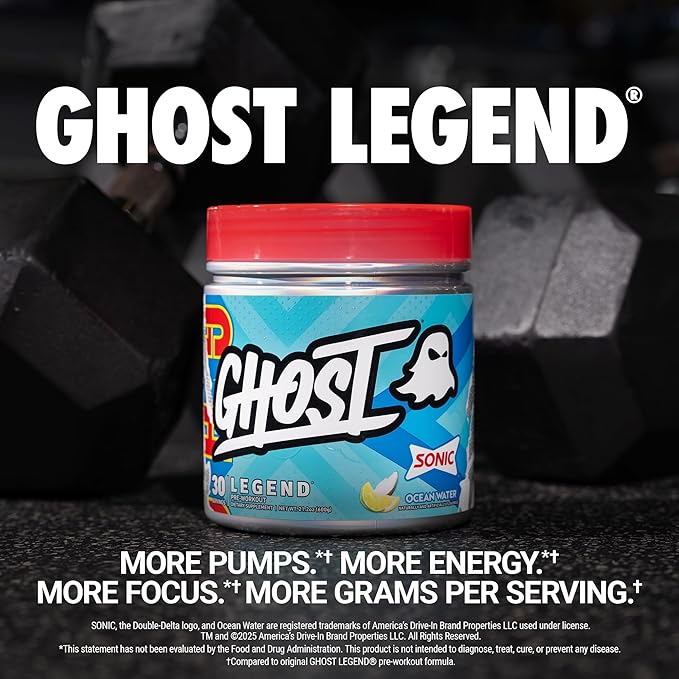 GHOST Legend Pre-Workout Powder, Sonic Ocean Water - 30 Servings ??Pre-Workout for Men & Women with Choline, L-Citrulline, & Beta Alanine for Energy & Focus