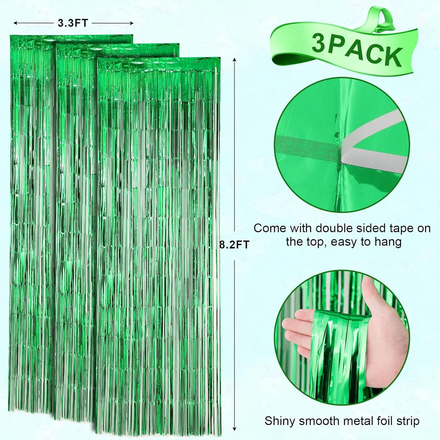 Voircoloria Green Foil Fringe Backdrop Curtains - 3 Pack Tinsel Streamers for Parties | 3.3x8.2 Feet
