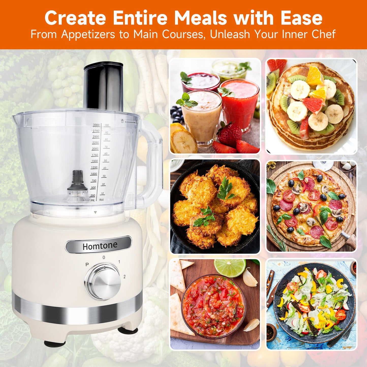 Homtone 16 Cup Food Processor Large, 9-in-1 Vegetable Chopper with 7 Blades for Shredding, Slicing, French Fry Cutting, Meat Grinding, Dough Kneading & Emulsifying, 3 Speeds, Dishwasher Safe, White