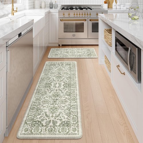 KIMODE Anti Fatigue Kitchen Mat Set, Non Slip Waterproof Kitchen Rug Set of 2, Boho Rugs for Kitchen, Ergonomic Standing Kitchen Sink Mats for Floor, 17"x29.5"+17" x47”, Green
