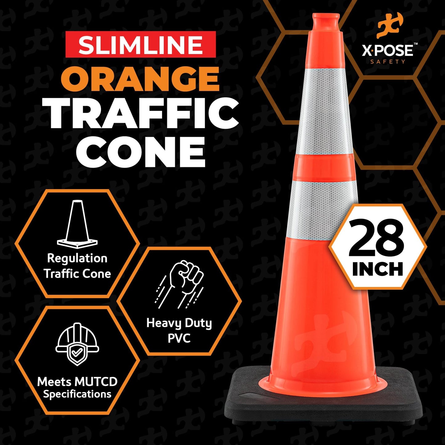 Xpose Safety 28 Inch Orange Slim Line Traffic Cones with 6" & 4" Collars, 6 Pack Multipurpose PVC Plastic Safety Cone for Parking, Soccer, Caution, Kids and Construction - DOT Approved