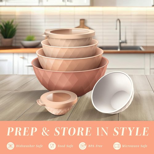 COOK WITH COLOR Mixing Bowls Set - 12-Piece Microwave Safe Nesting Bowls with Lids, Orange Diamond