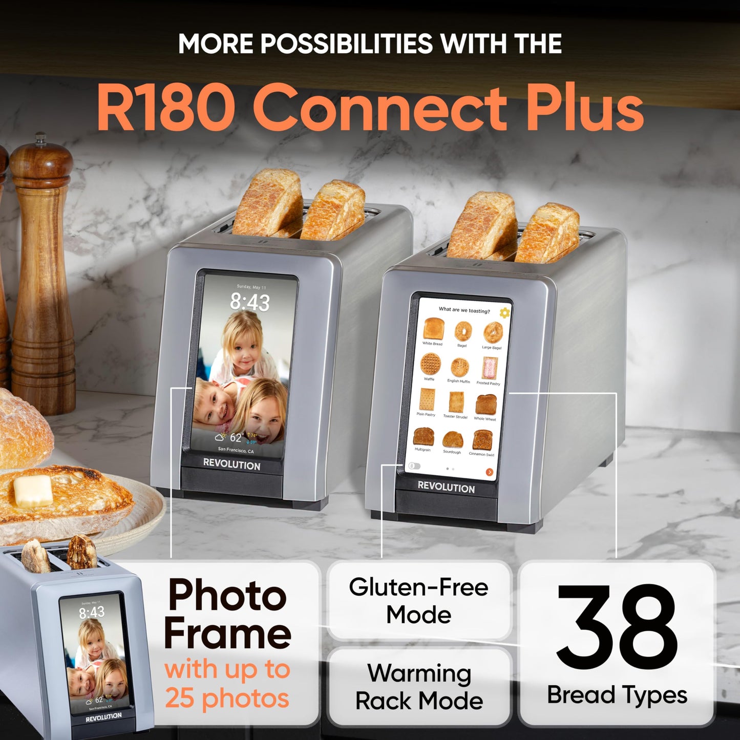 Revolution R180 Connect Plus Smart Toaster with Touchscreen – Choose from 40+ Bread Types, 7 Browning Levels, & Toastie Press Mode – Digital Picture Frame, Weather Widget, and Clock
