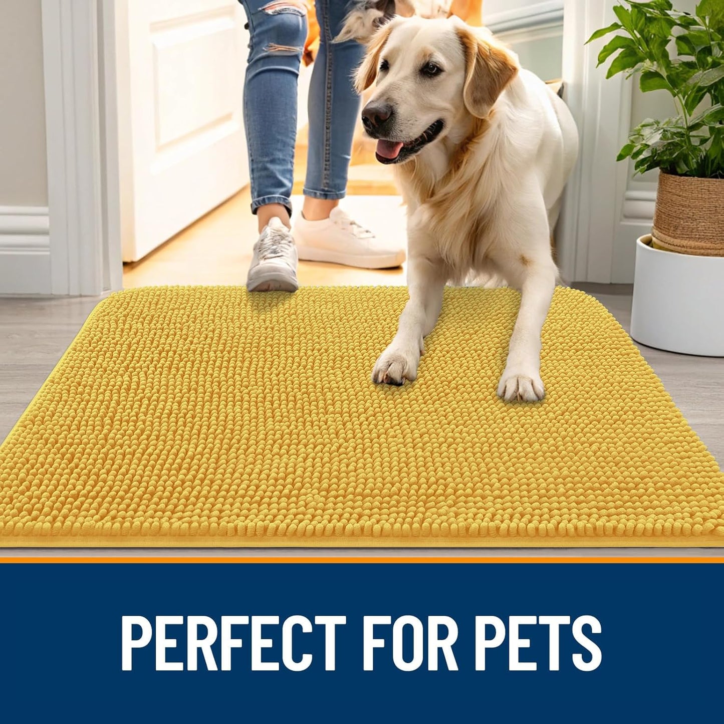 OLANLY Dog Door Mat - Absorbent Non-Slip Chenille Mat for Muddy Paws | 54x24 Inches, Quick Dry, Yellow