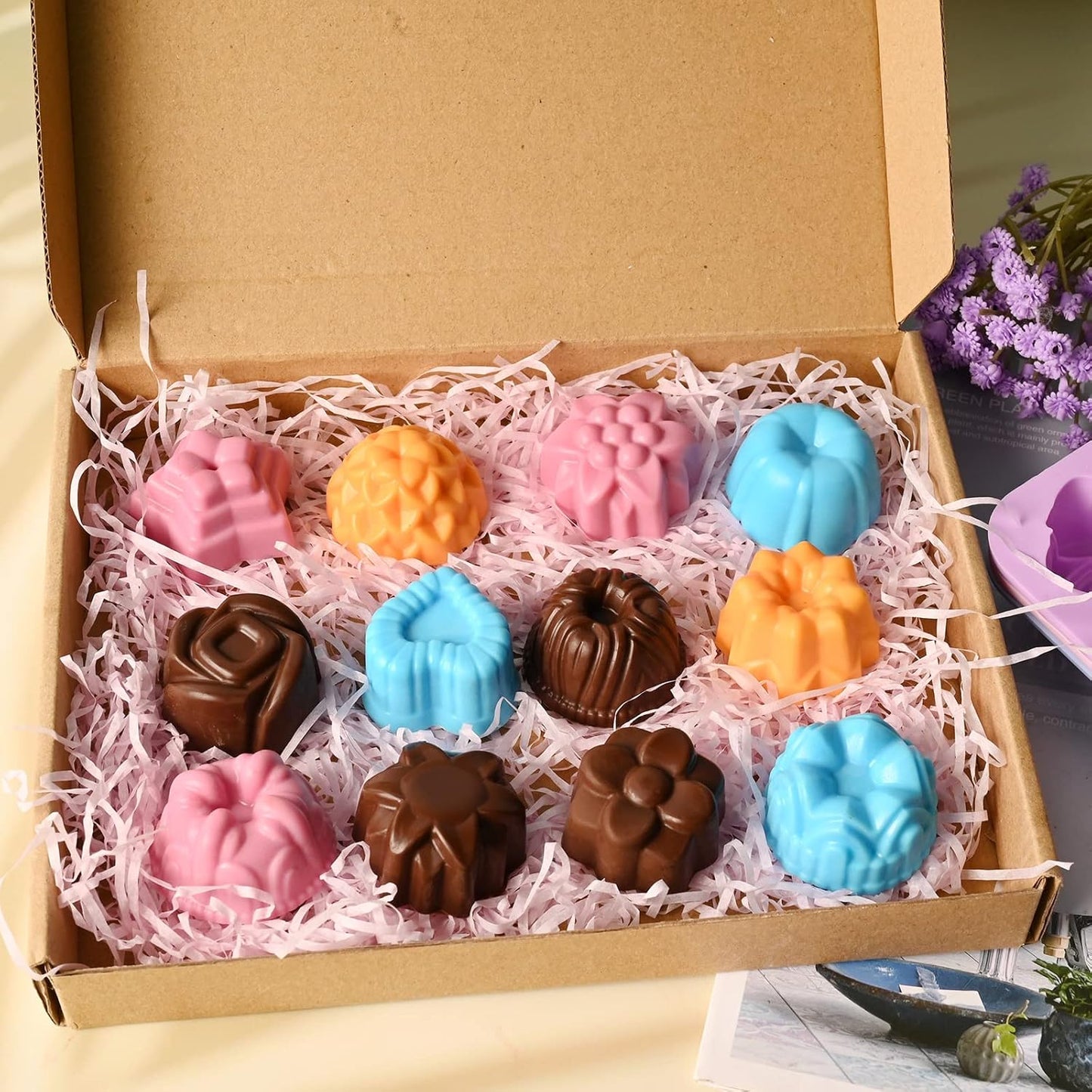 Sakolla Silicone Flower Molds - 12 Cavity Set for Chocolate, Cupcakes, Candy & More | Pink, Purple, Blue