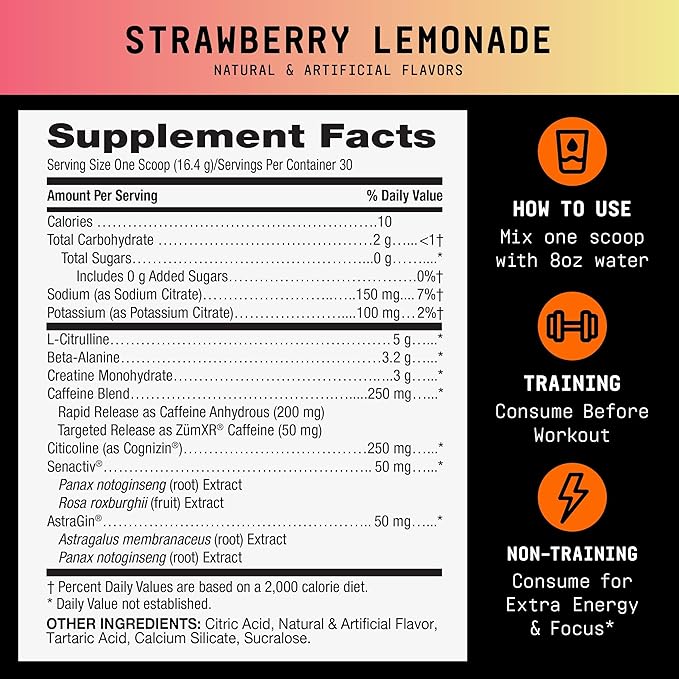 BEYOND RAW LIT V2 Clinical Strength Pre Workout Powder, Hits Harder, Bigger Pumps, Caffeine, L-Citrulline, Creatine, Strawberry Lemonade, 30 Servings