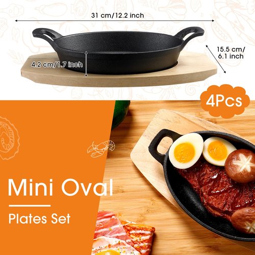 Mifoci 4 Pcs Mini Cast Iron Skillet with Wooden Base Small Cast Iron Fajita Plates Baker's Skillet Matte Black Pan Pot for Kitchen Restaurant Barbecue Dinner (8.5 x 6.1 x 1.7 Inches)