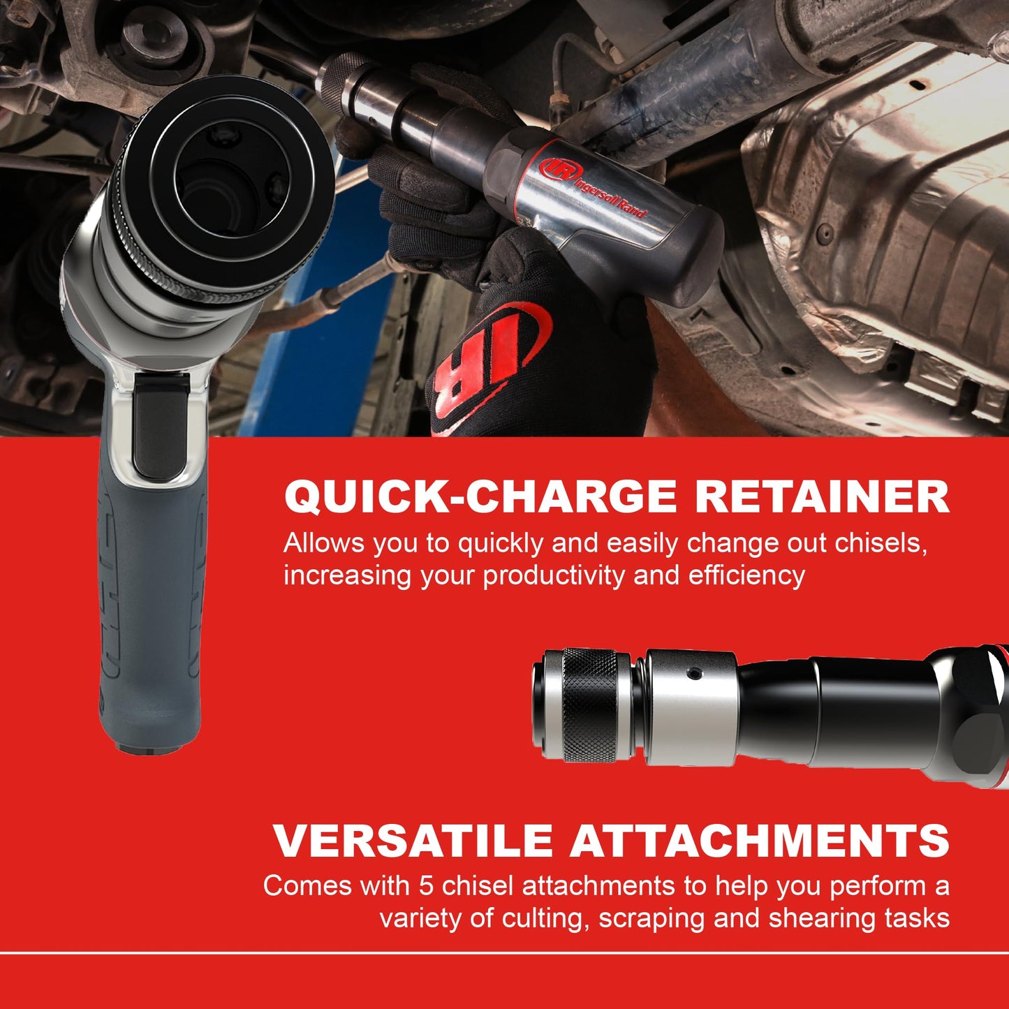 Ingersoll Rand 119MAXK 3 1/2" Stroke Long-Barrel Air Hammer Kit, Max Rotational Speed Up to 2,530 BPM, Includes 5 Chisel Attachments