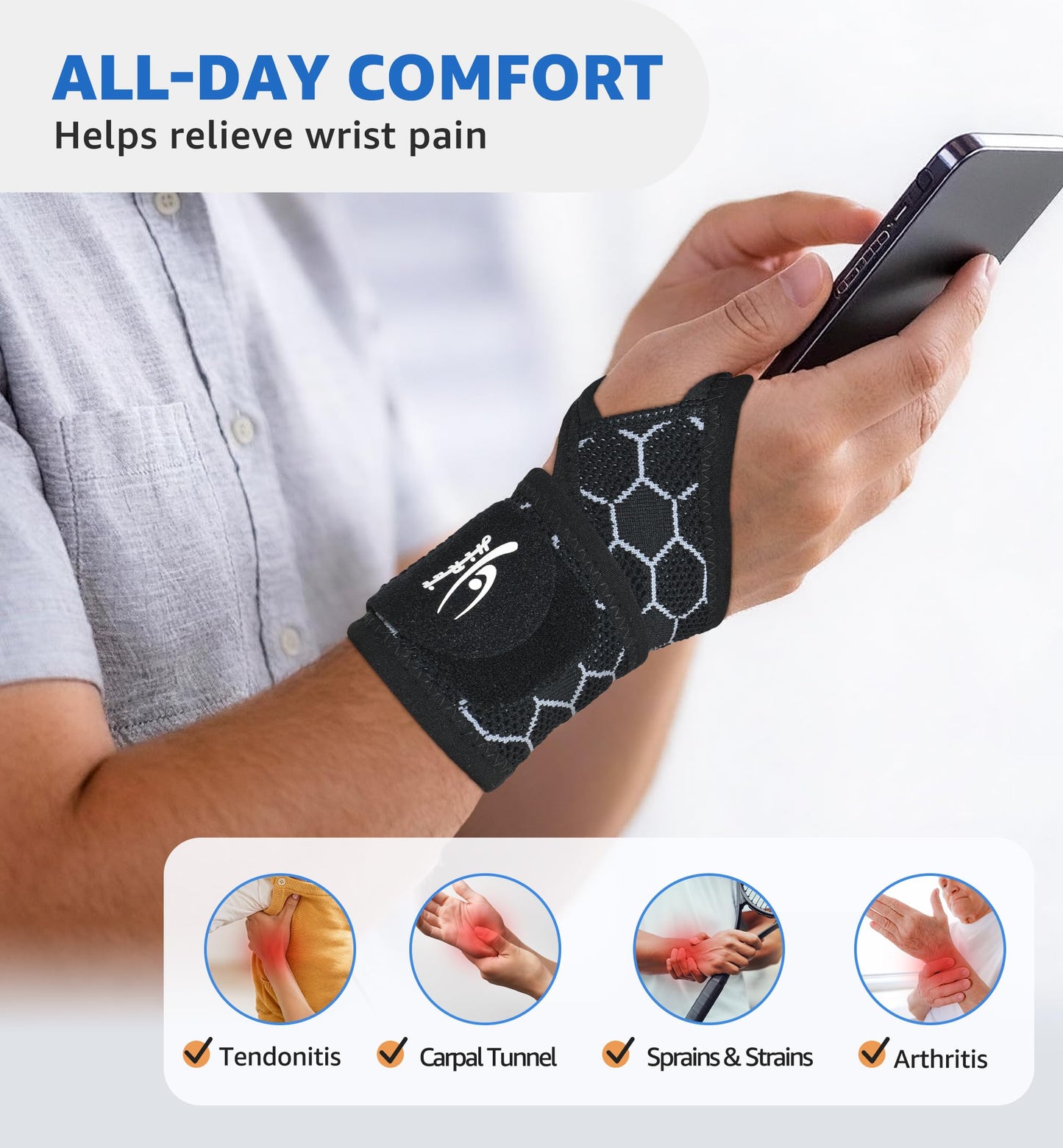 HiRui Upgraded 3D Knit Breathable Wrist Brace Wrist Wrap, Extended Length Adjustable Compression Strap, Elastic Support for Wrist Pain Relief, Carpal Tunnel, Sports, Gym & Daily Use (1, Black)
