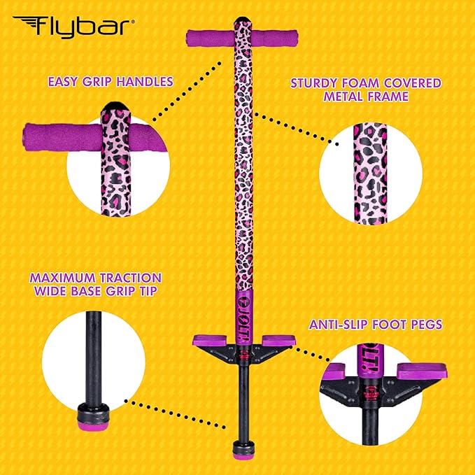 Flybar Pogo Stick for Kids, 40 to 80 Pounds, Perfect for Beginners, Easy Grip Foam Handles, Anti-Slip Foot Pegs, Outdoor Toys for Boys, Jumper Toys for Girls, Outside Toys for Kids (Jolt, Leopard)