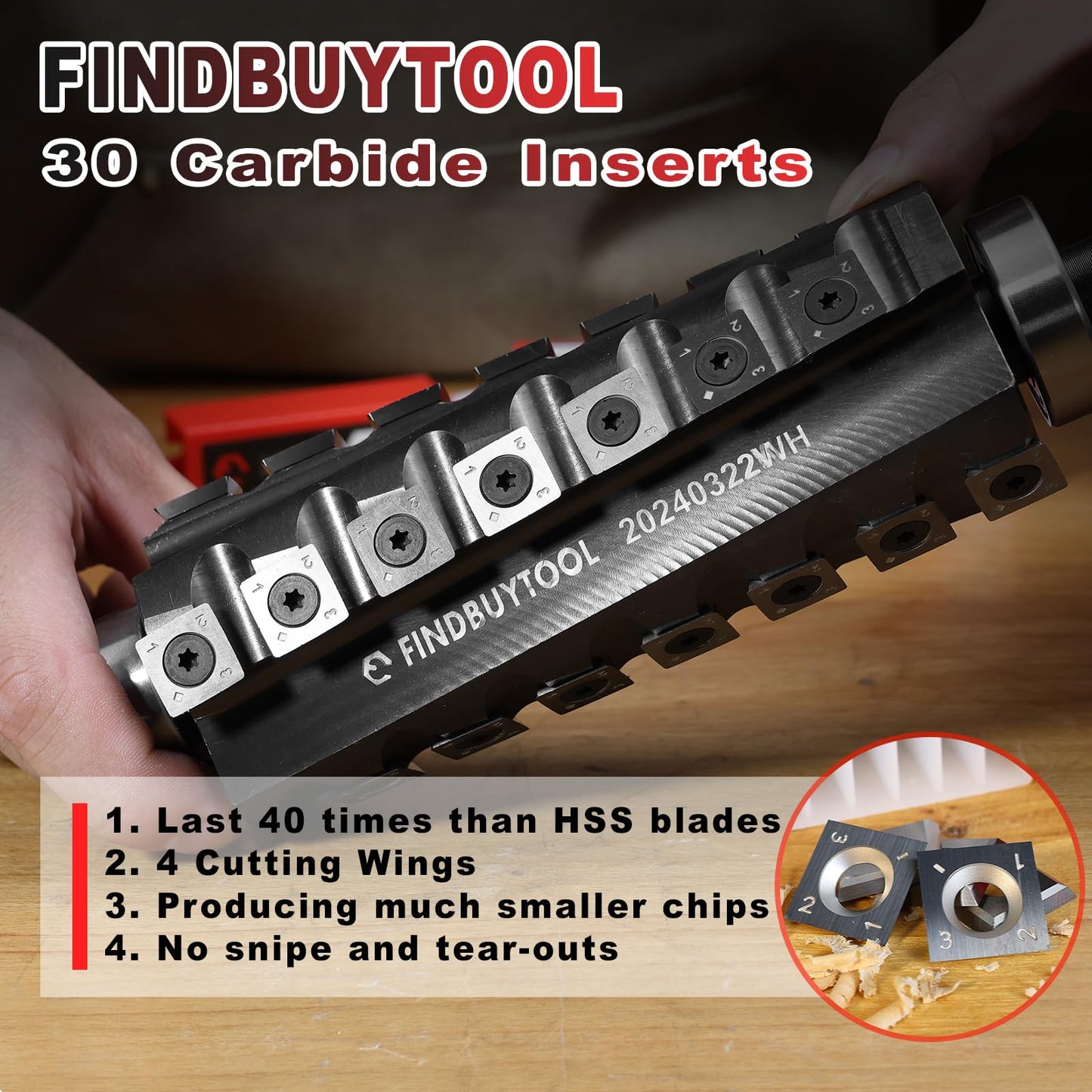 FindBuyTool 6-Inch Helical Cutterhead for Jet 6" Woodworking Tool, Spiral Cutterhead for 6" Jointer Machine, 4 Rows 30 Carbide Inserts
