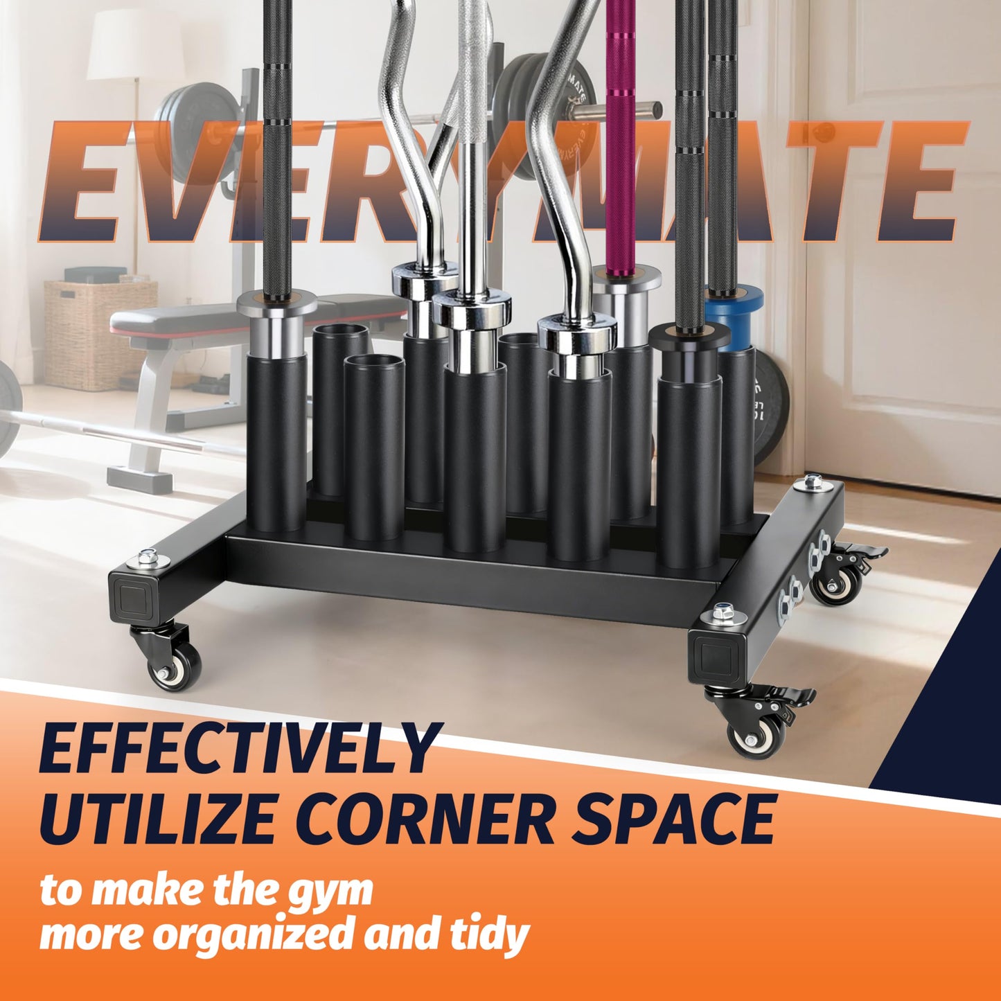 EVERYMATE Vertical Barbell Rack, Movable Barbell Stand holder- Heavy-Duty Steel Organizer Holds Up to 10 Olympic Barbells, Fits 2" Olympic Bars, with Scratch-Resistant Inserts, Space-Saving for Home/Garage/Commercial Gym（with silent wheels）