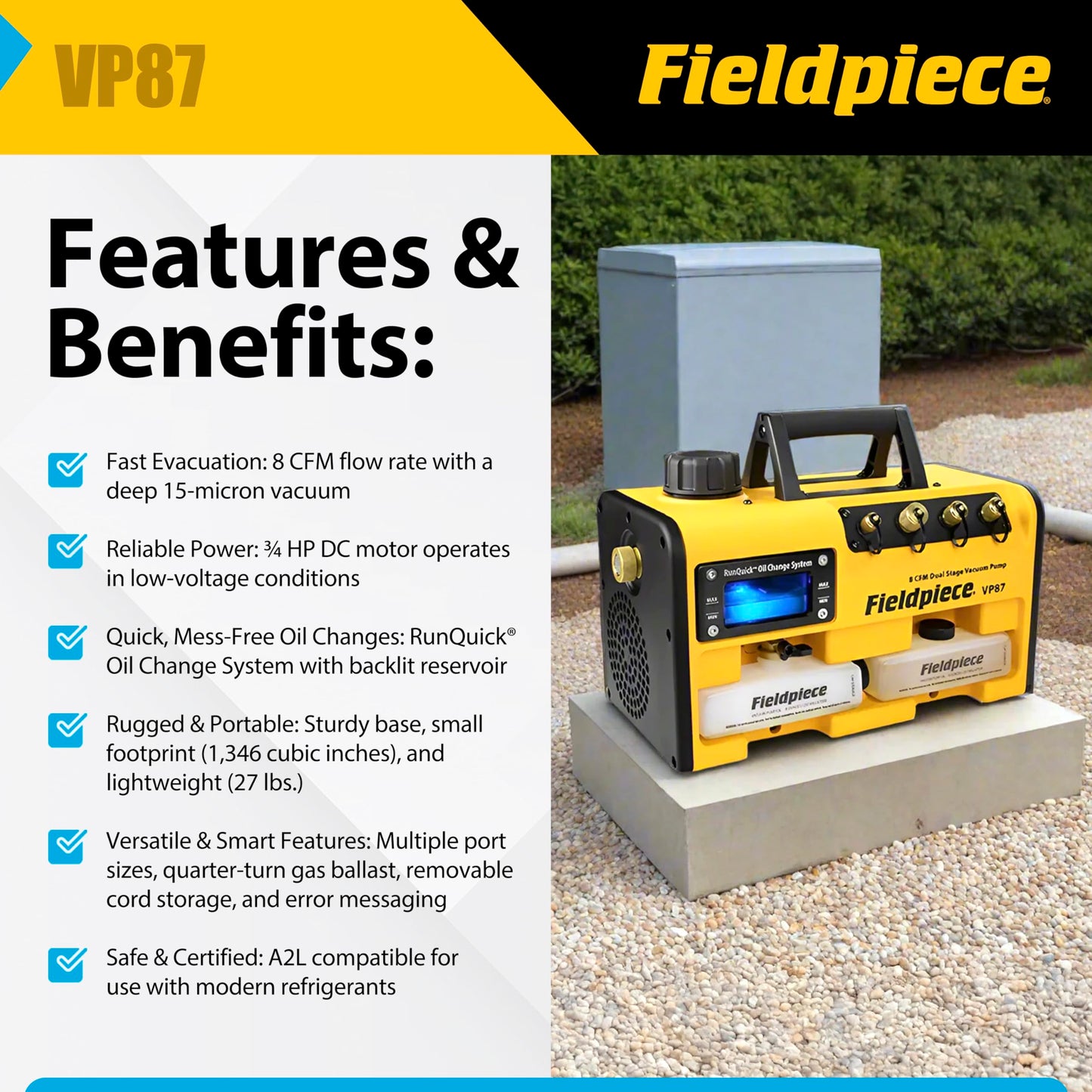 Fieldpiece VP87 Vacuum Pump – 8 CFM, ¾ HP DC Motor, RunQuick Oil Change System – Portable - Professional HVAC Tool - A2L Compatible