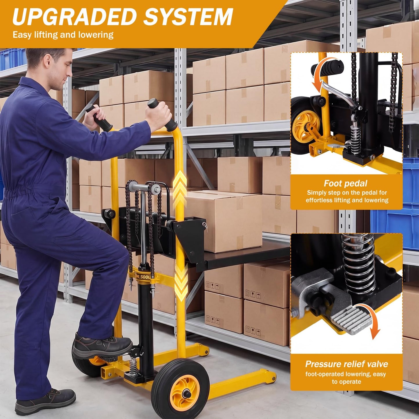 900 lb Hydraulic Material Lift Stacker, Manual Pallet Truck Dolly with Lift Table, 40" Max Lift Height, Steel Fork Platform Cart with Swivel Casters for Warehouse & Industrial Use (Yellow & Black)