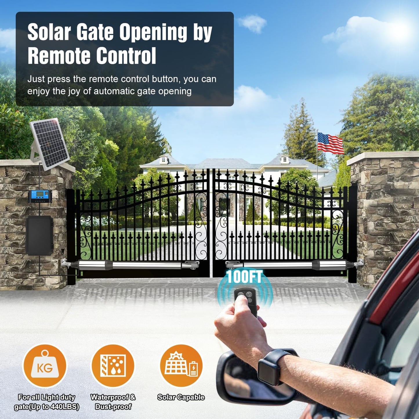 JUJIANG C01 Solar Gate Opener with Batteries & Solar Panel for Dual Swing Gates Up to 440lb 12FT per Arm Automatic Gate Opener with Remote Complete Kit Light Duty Automatic Gate Openers Solar Powered
