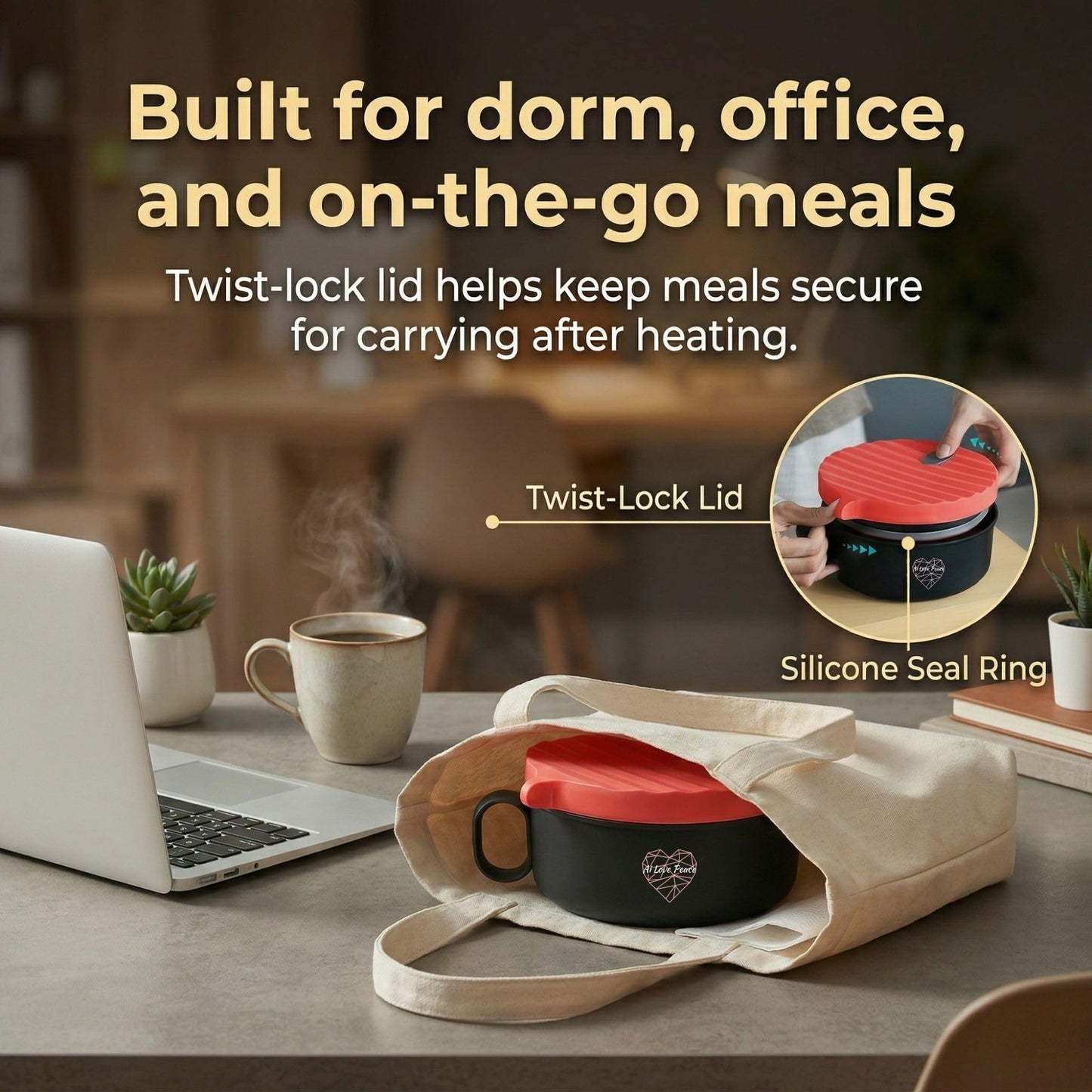AI LOVE PEACE Microwaveable Ramen Noodle Bowl Cooker 40oz for Ramen, Rice, Pho, Soup, and Pasta, Dishwasher Safe and Portable, Ideal for Home, Office, Dorm, or Gift (Red)