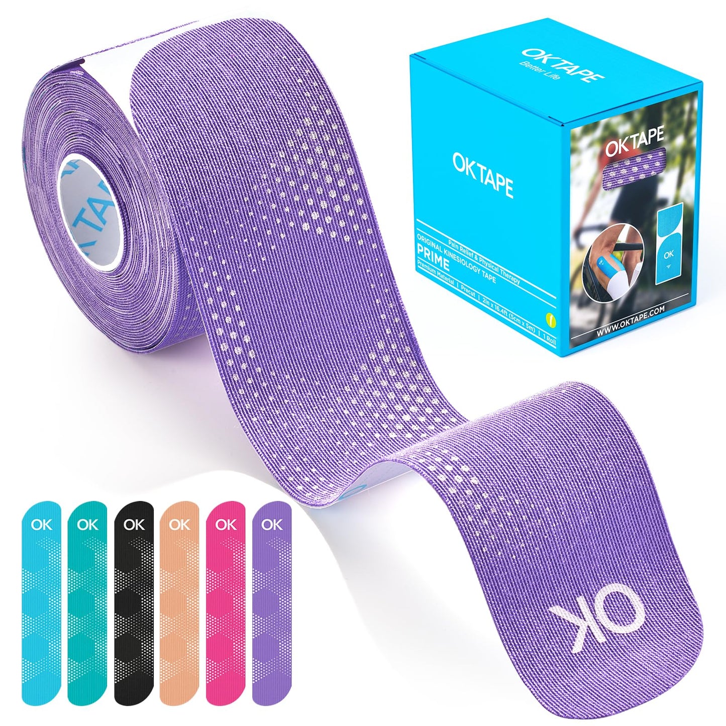 OK TAPE Synthetic Kinesiology Tape Precut Strips, Waterproof Elastic Athletic Tape for Pain Relief & Muscle Support, Reflective Design, 2in×16.4ft Roll, 20 PCS -Purple