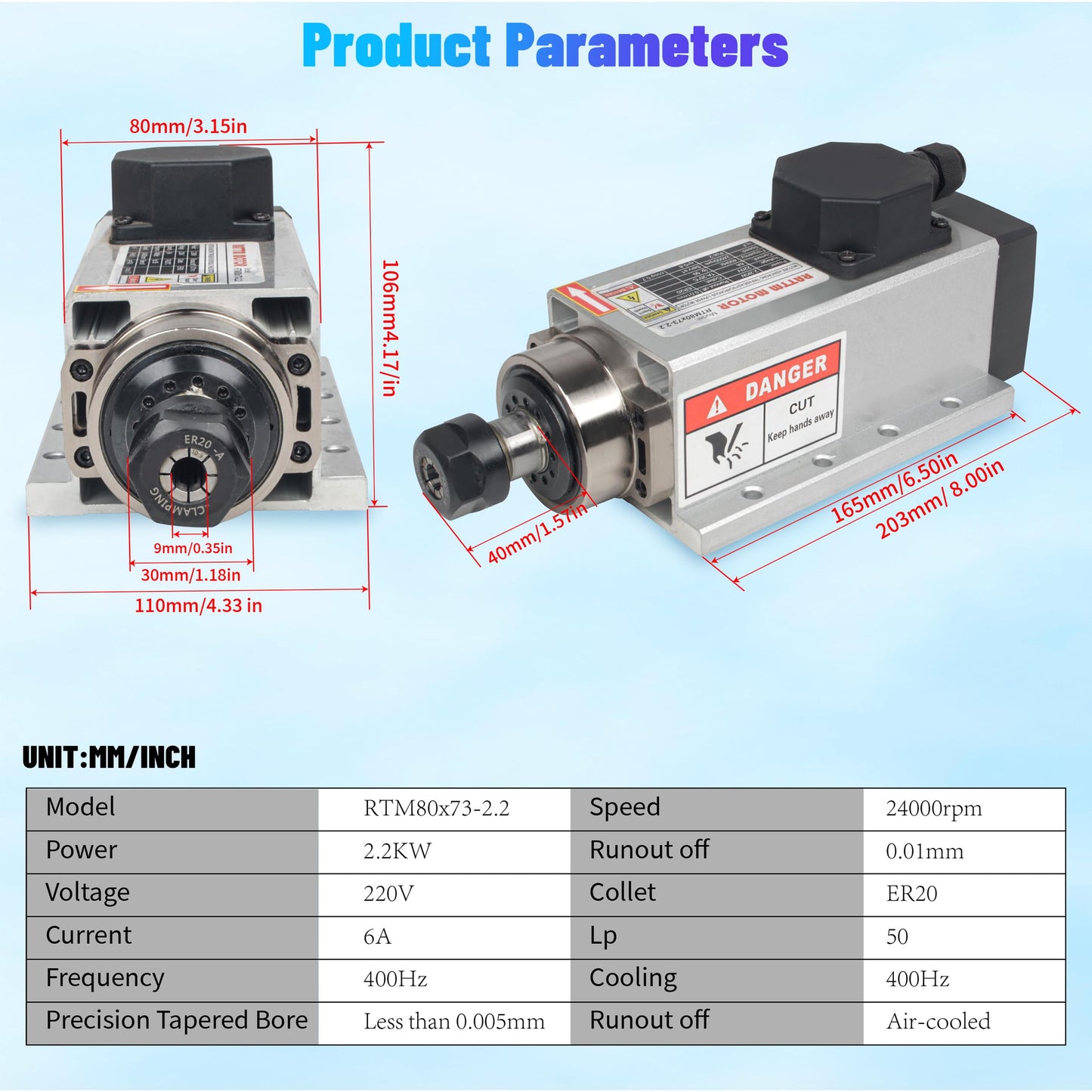 RATTMMOTOR CNC Spindle Motor Kit 220V 2.2KW Square Spindle Motor Air Cooled ER20+2.2KW VFD Inverter 220V Variable Frequency Drive Single to 3 Phase Converter for CNC Milling Machine