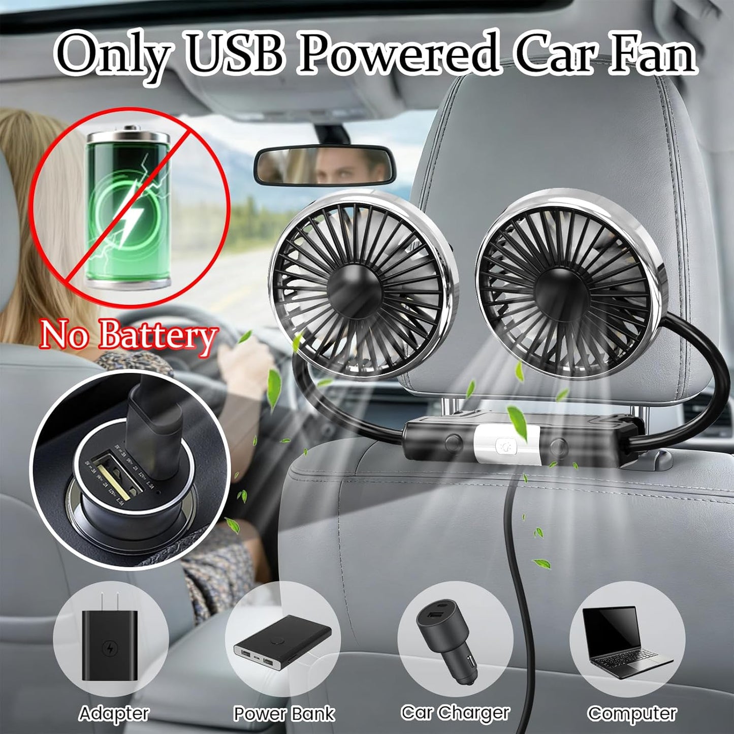 Back Seat Car Fan for Kids - Battery-Free Dual Adjustable Air Circulation