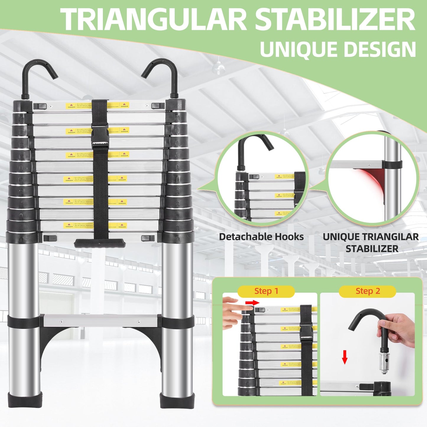 DEZEX Telescoping Ladders 16.5 FT Aluminum Ladder - One-Button Retraction Collapsible Extension Ladder with 2 Triangle Stabilizers & Hooks for Home, Outdoors, RV, Attic & Loft, Lasts 330 LBS