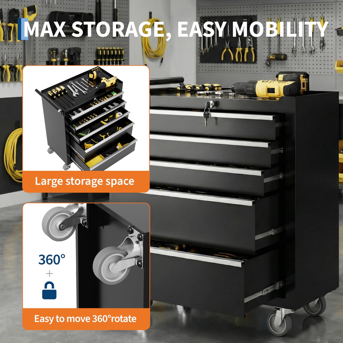 Rolling Tool Chest, 5 Drawers Tool Storage Cabinet with Wheels, Portable Tool Cabinet Organizer with Locking System & Drawer Liners,Universal Lockable Wheels, Tool Storage Cart for Garage, Workshop