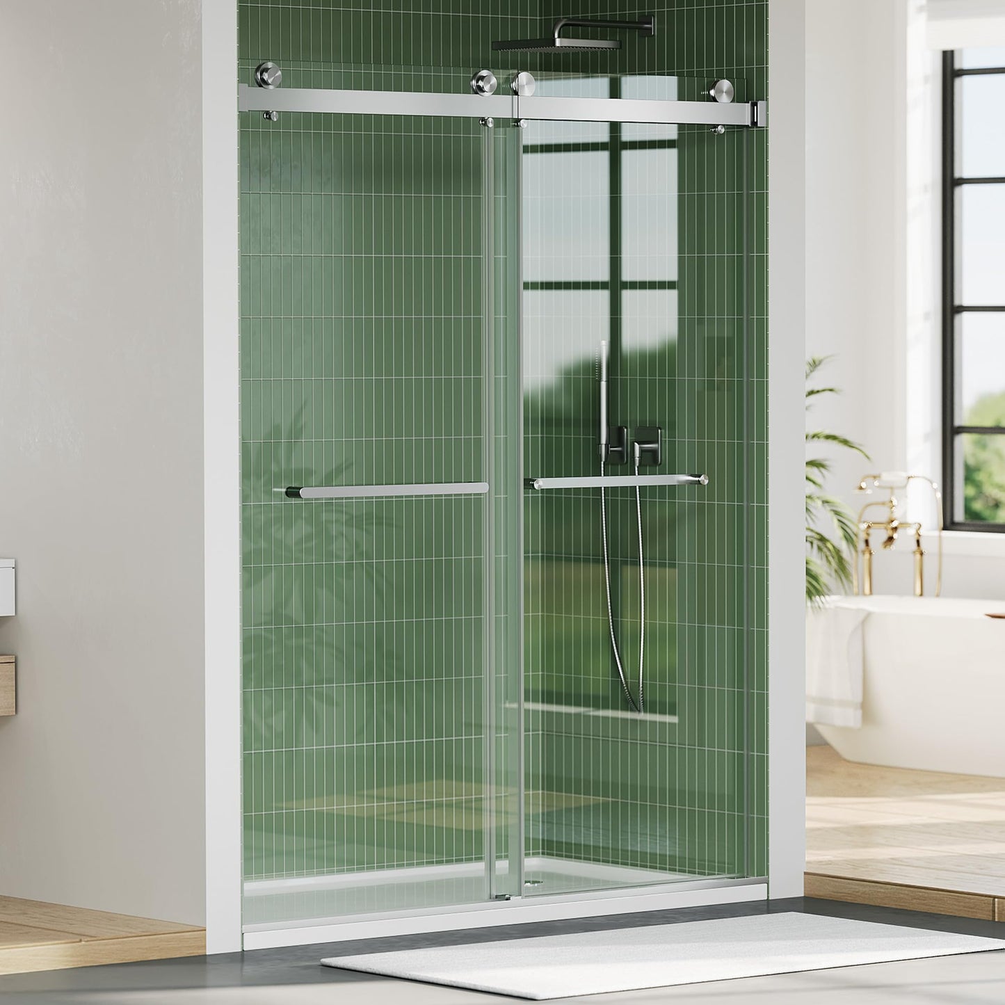 Frameless Double Sliding Shower Door 56–60 × 74 Inch – Bypass Glass Shower Door with 6mm Tempered Glass, Square Stainless Steel Rail, Brushed Sliver