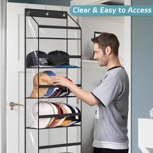 AOODA Clear Over The Door Hat Rack - Large Storage Organizer for Up to 72 Baseball Caps | Black