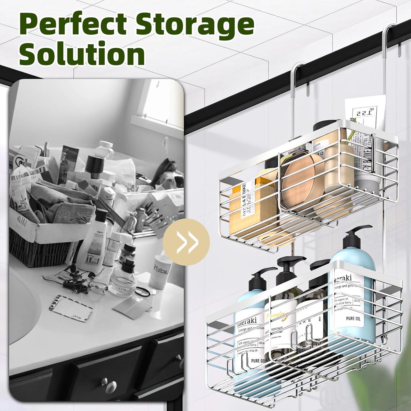 YUOROS Shower Caddy - 2-Tier Over-The-Door Organizer Rack | Rustproof 304 Stainless Steel, Silver Finish