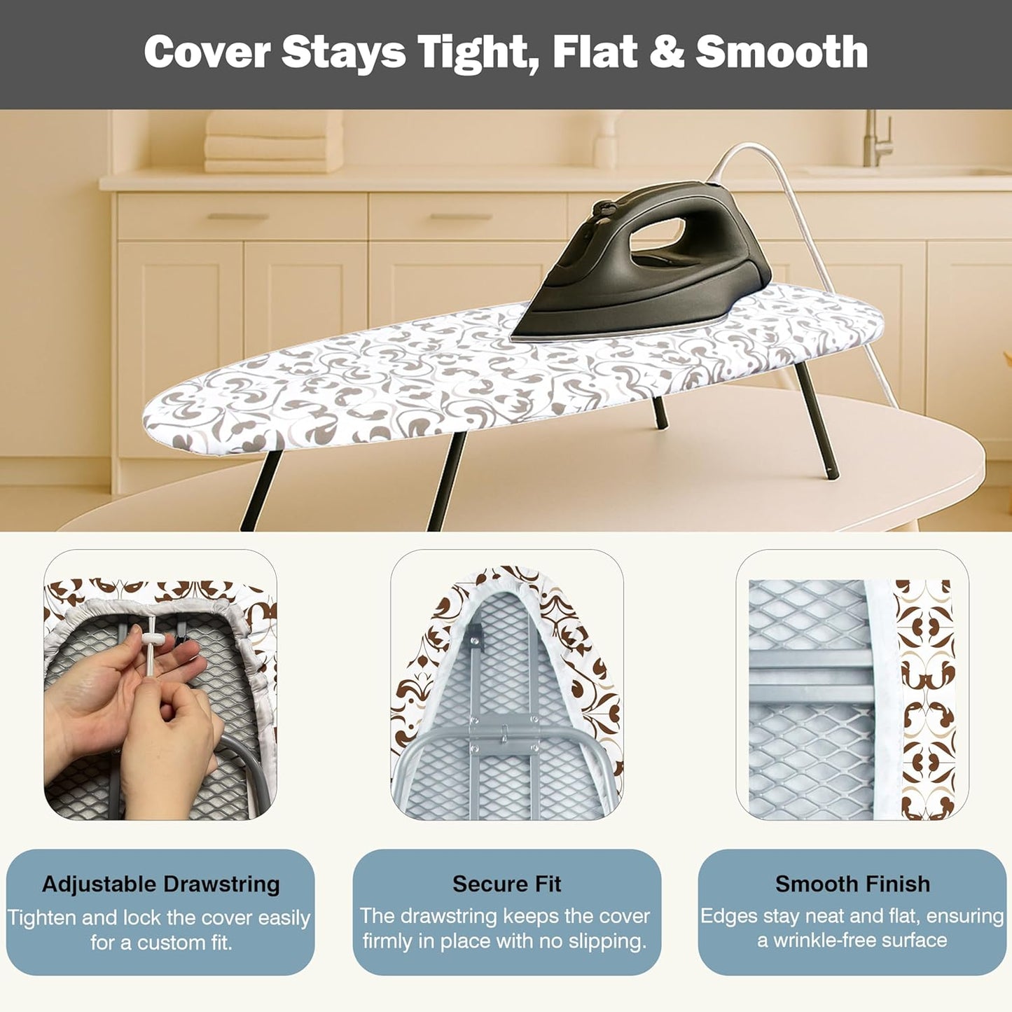UniSimp Small Ironing Board Cover - Heat Resistant Cotton Canvas Pad | 12.5"x30" Taupe Design