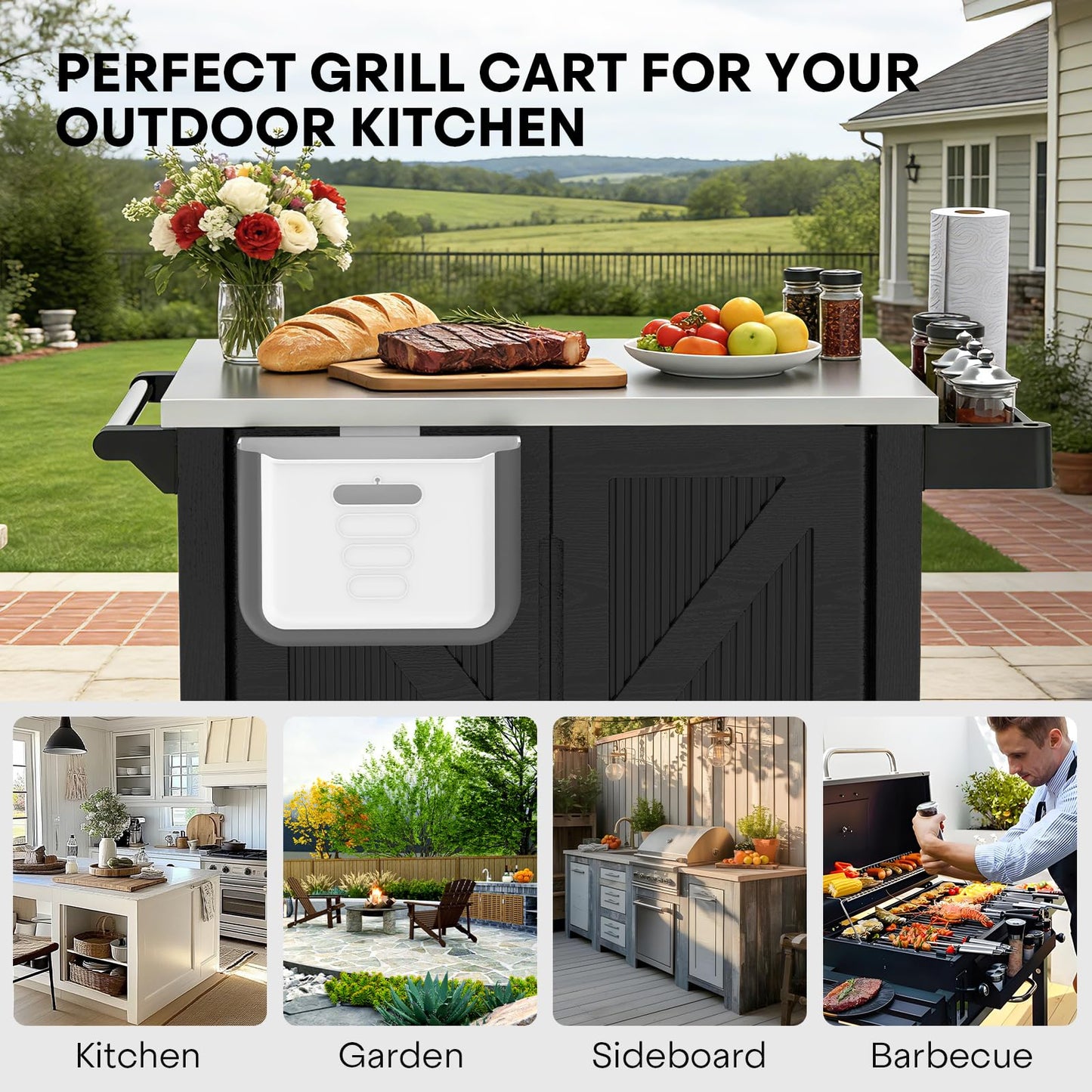 evixor Outdoor Grill Cart with Stainless Steel Tabletop, Outdoor Kitchen Island with Storage Cabinet, Grill Cart with Folding Trash Can, 4 Wheels (2 Lockable) for Patio, Backyard, Garden and Poolside