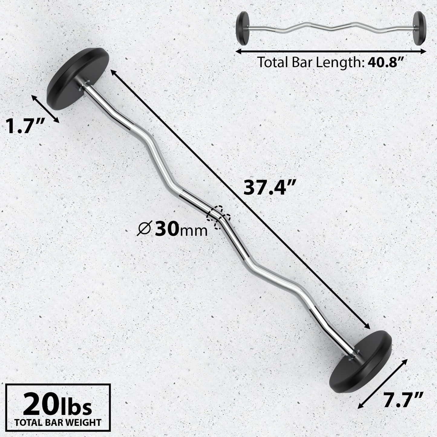 Synergee Fixed 20LB Easy Curl Bar Pre Weighted Curved Steel Bar with Rubber Weights - Fixed Weight