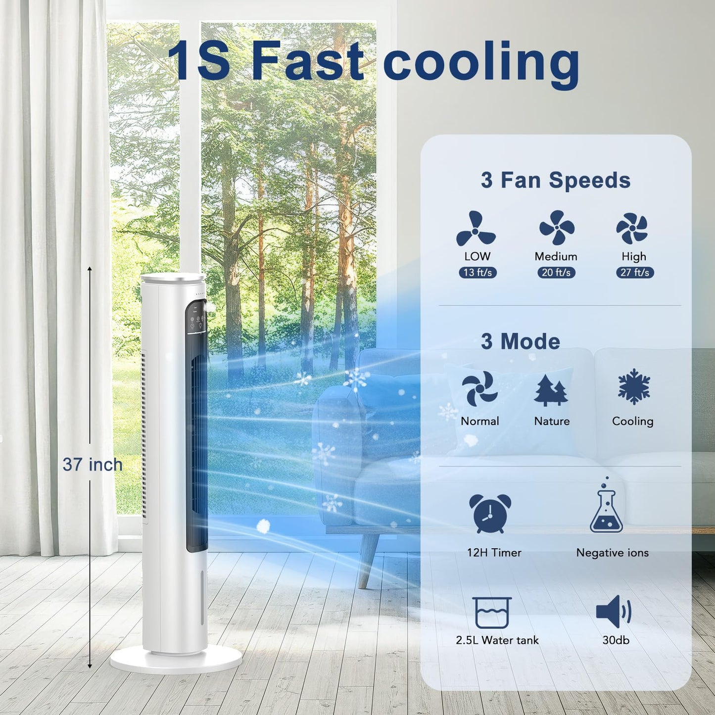 BIESQYA Windowless Portable Air Conditioner Ac Unit with Remote,37” Ventless Evaporative Air Cooler,Quiet Swamp Cooler for 4 Modes, Ductless Tower Fan For 12H Timer, Ice Packs for home White