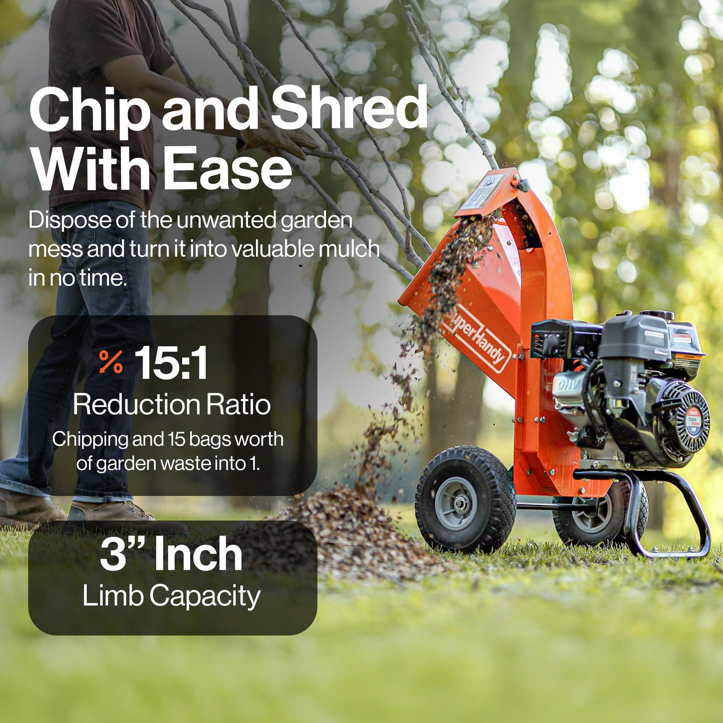 SuperHandy Mini Wood Chipper Shredder Mulcher Heavy Duty 7HP Compact Design 3" Inch Max Capacity
