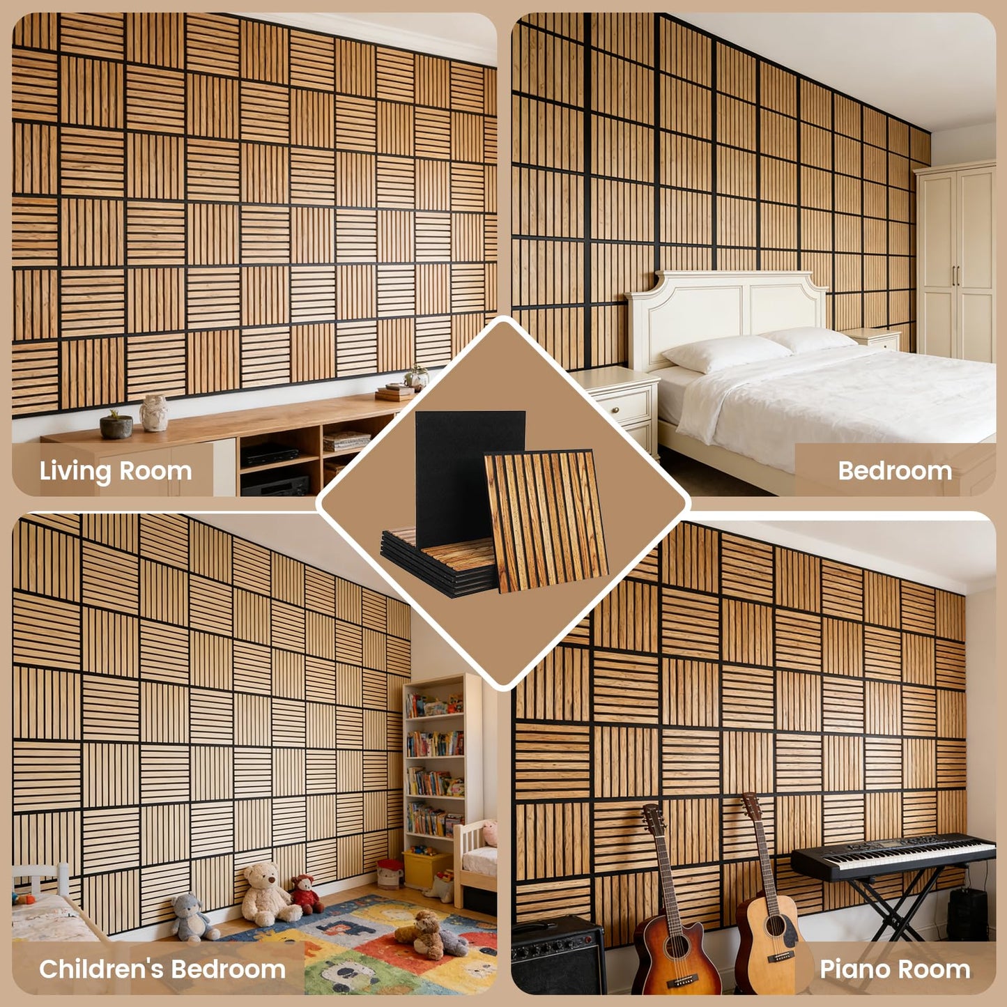 Adedeo Wall Panels 10 Pack 12 x 12 in Glass Strip Acoustic Panels for Wall and Ceiling - 3D Fluted Sound Absorbing Panel with Glass Finish - Dark Teak