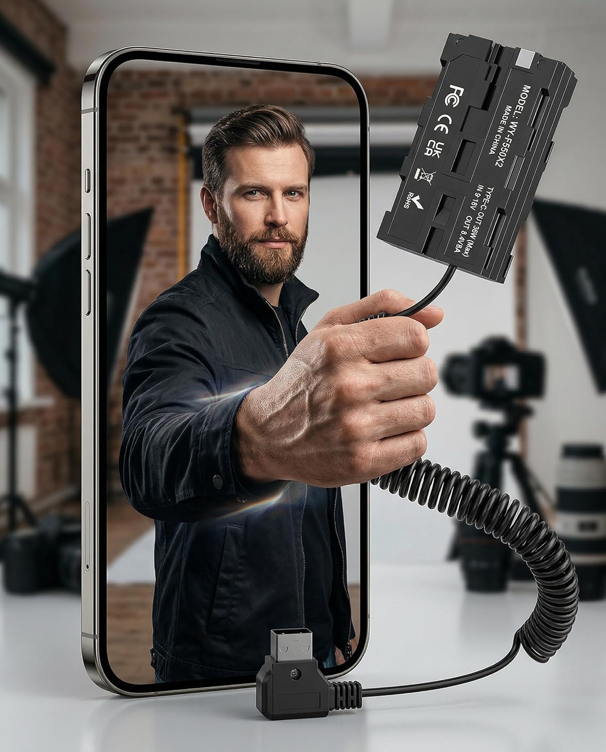 ZALUNERO NP-F970 Dummy NP-F550/770/570 D-Tap to Battery Coiled Power Cable Compatible with Sony Power Panel Light