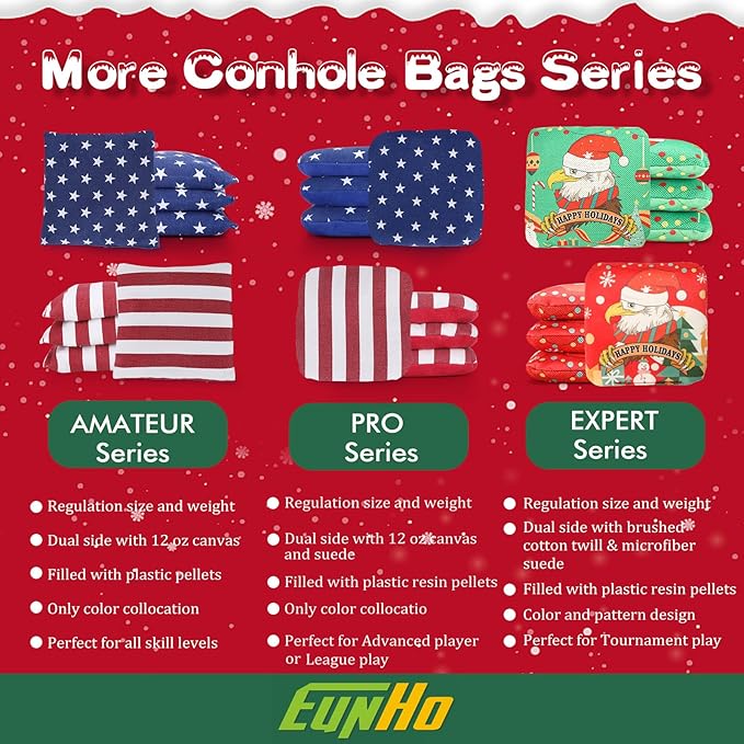 EunHo Cornhole Bags Regulation Dual Sided Set of 8, Professional Cornhole Bean Bags Slick & Sticky Side Bags with Carry Bag