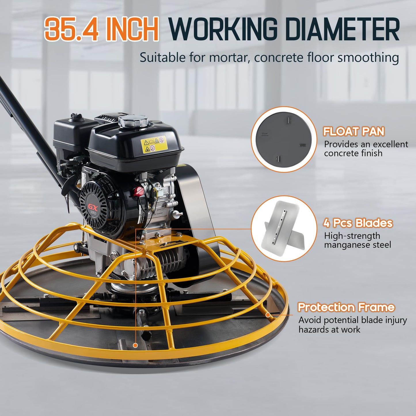 Albott 36" Power Trowel with 5.5 HP GX160 Engine, Walk-Behind Cement Trowel with Float Pan and 4 Blades, Commercial Gas-Powered Concrete Surface Finisher