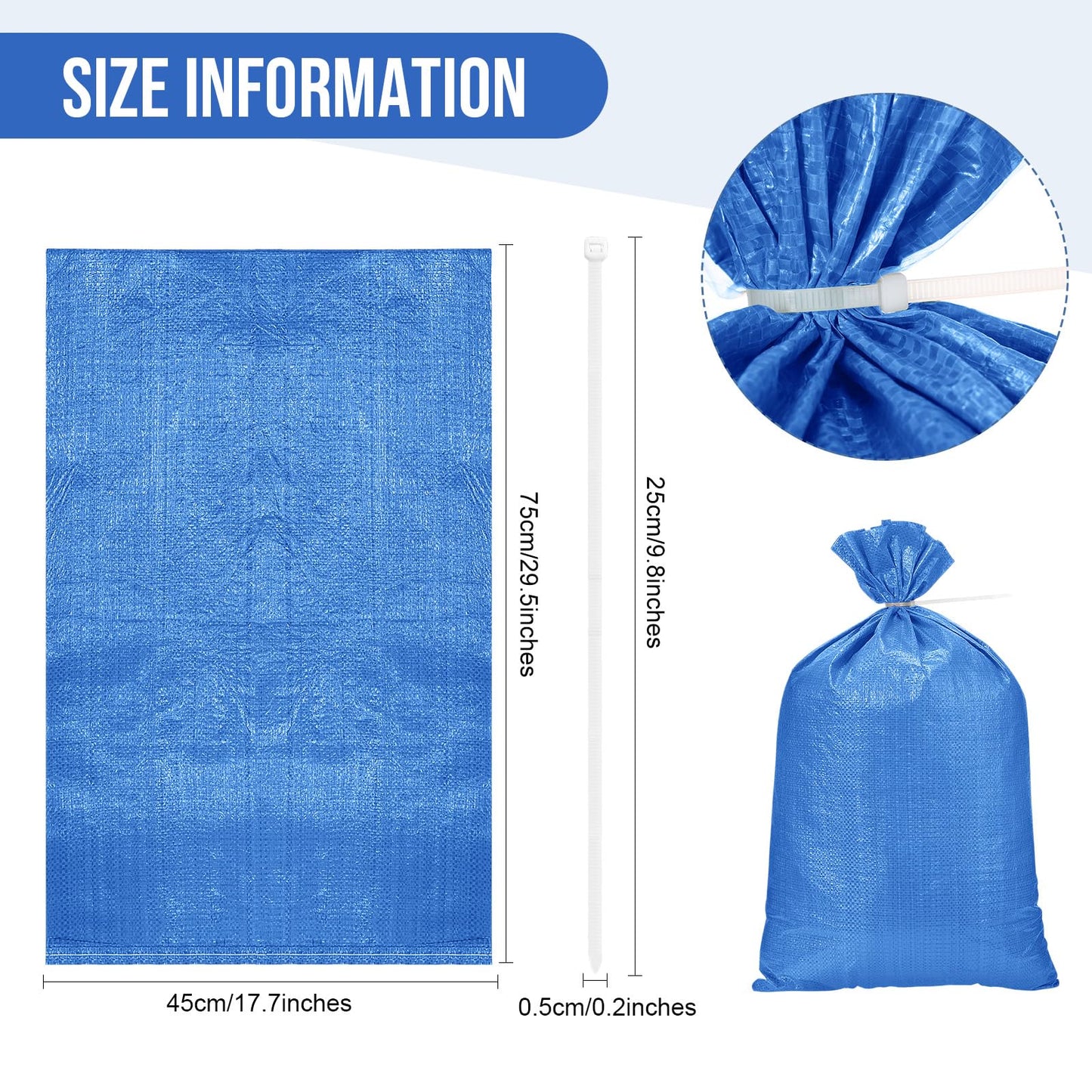 Yoojahow 50 Pcs Sand Bags for Flooding Sandbags Empty Poly Sandbags 18"x29" Heavy Duty Woven Sand Bag Sacks 100lb with Cable Zip Ties for Flood Protection Erosion Control Hurricane Barrier(Blue)