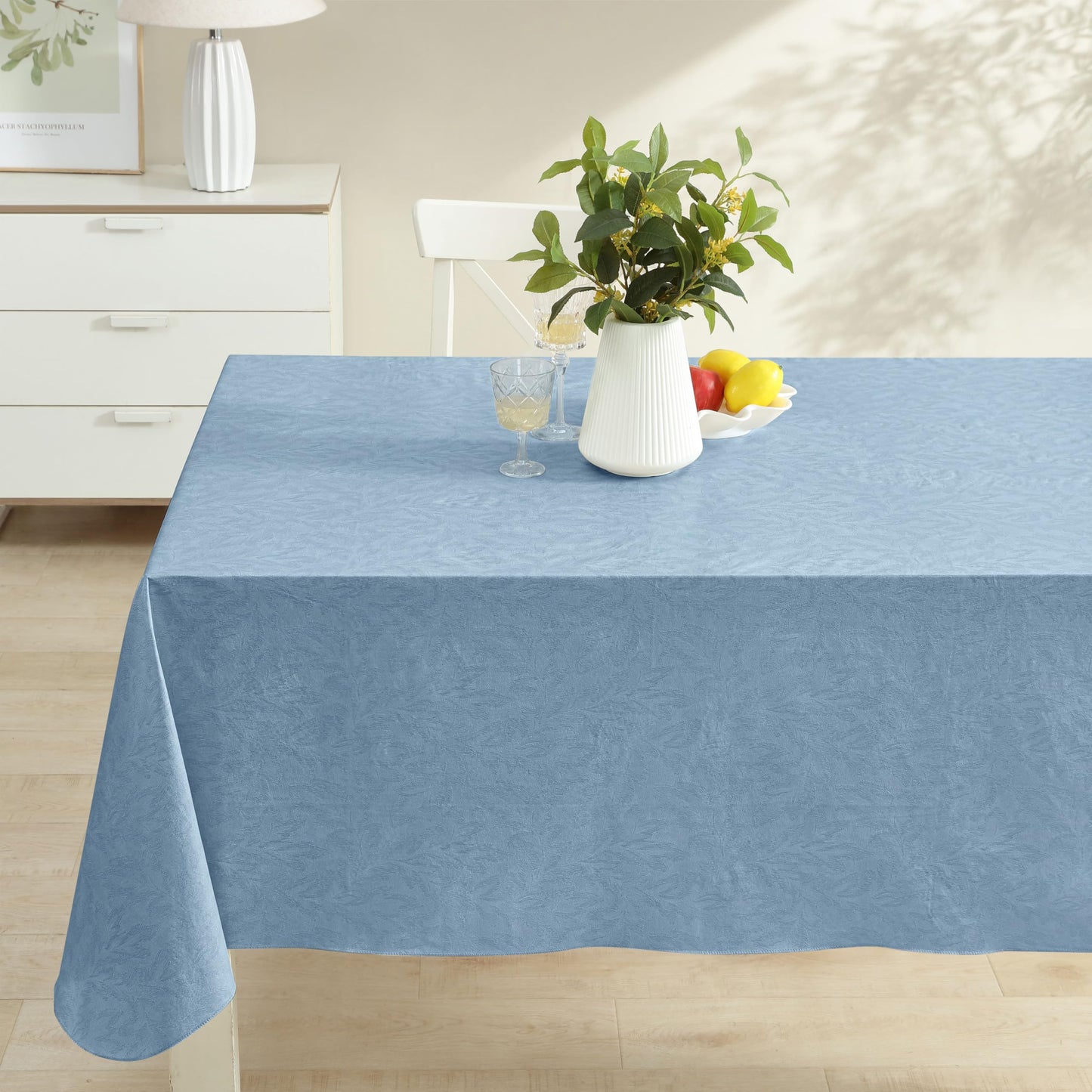 Newbridge Napa Leaf Blue Vinyl Flannel Backed Tablecloth, 60 x 84 Inch Rectangle, Hotel Quality Waterproof Indoor Outdoor Table Cover for Kitchen, Patio, Dining, BBQ
