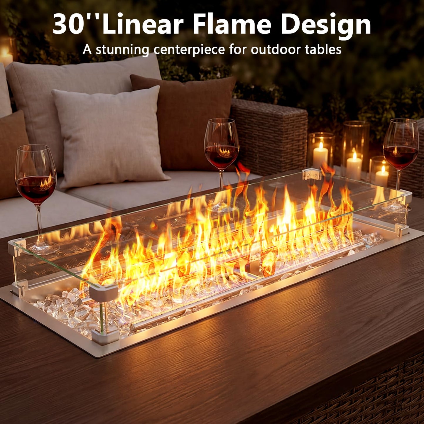 GRISUN Upgraded 30" x 10" Drop-in Fire Pit Kit with Glass Wind Guard & Lid, Linear Fire Pit Burner Pan, Stainless Steel Fire Pit Insert with Spark Ignition