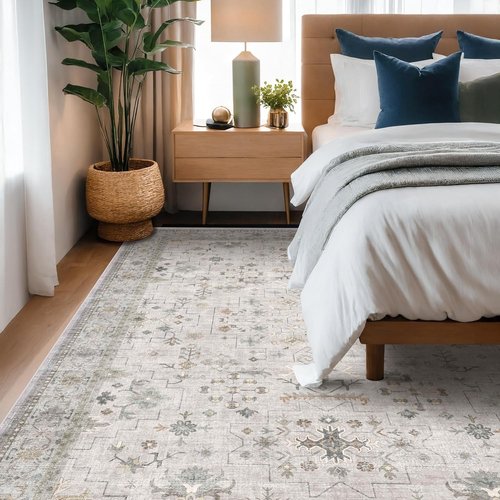Hazo Haus Boho Light Grey 5x8 Area Rug - Modern Vintage Floral Design, Washable Non-Slip for Living Room & Nursery