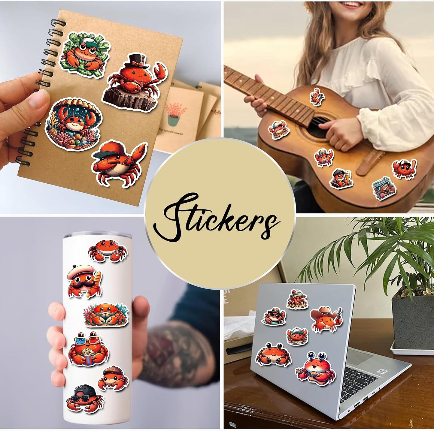 BIGZORO Pack 50 PCS Crab Stickers Print Sea Ocean Animal Waterproof Vinyl Decals Cute Items for Men Women Kids Boys