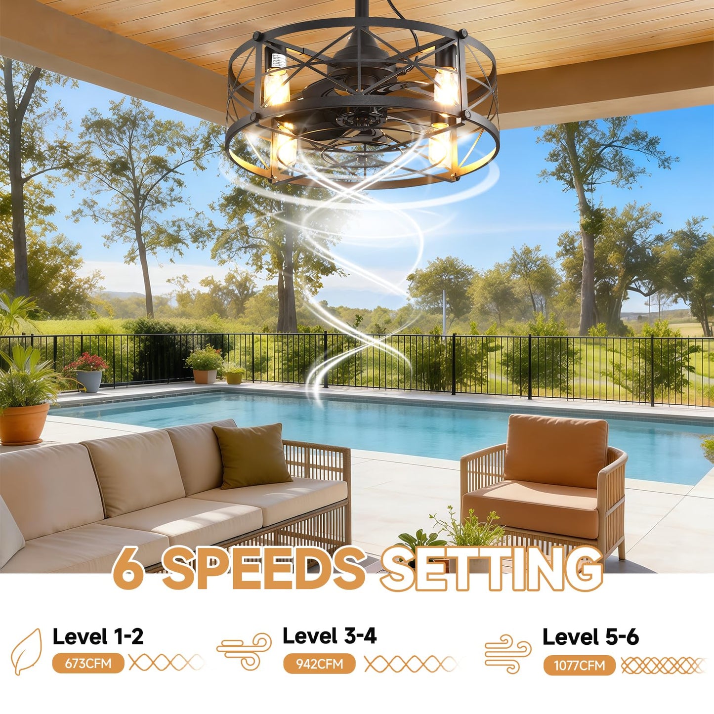AHAWILL Outdoor Ceiling Fan with Light,20" Gazebo Fan Remote Control,Outdoor Hanging Fan,6 Speeds and Timing,Plug in Caged Ceiling Fan for Patio,Farmhouse,Porch,Pergola.Black