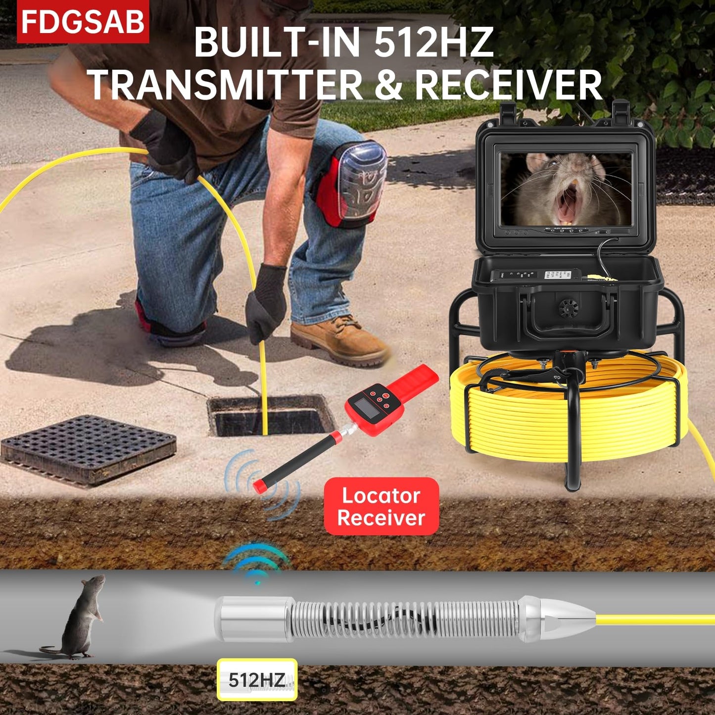 FDGSAB Sewer Camera with 512Hz Locator, 20/30/50m, 7" Pipeline Inspection kit with DVR Function, IP68, 12 Adjustable LEDs, A 32GB Card for Sewer Line, Home, Duct Drain Pipe Plumbing (9618FTR-20)