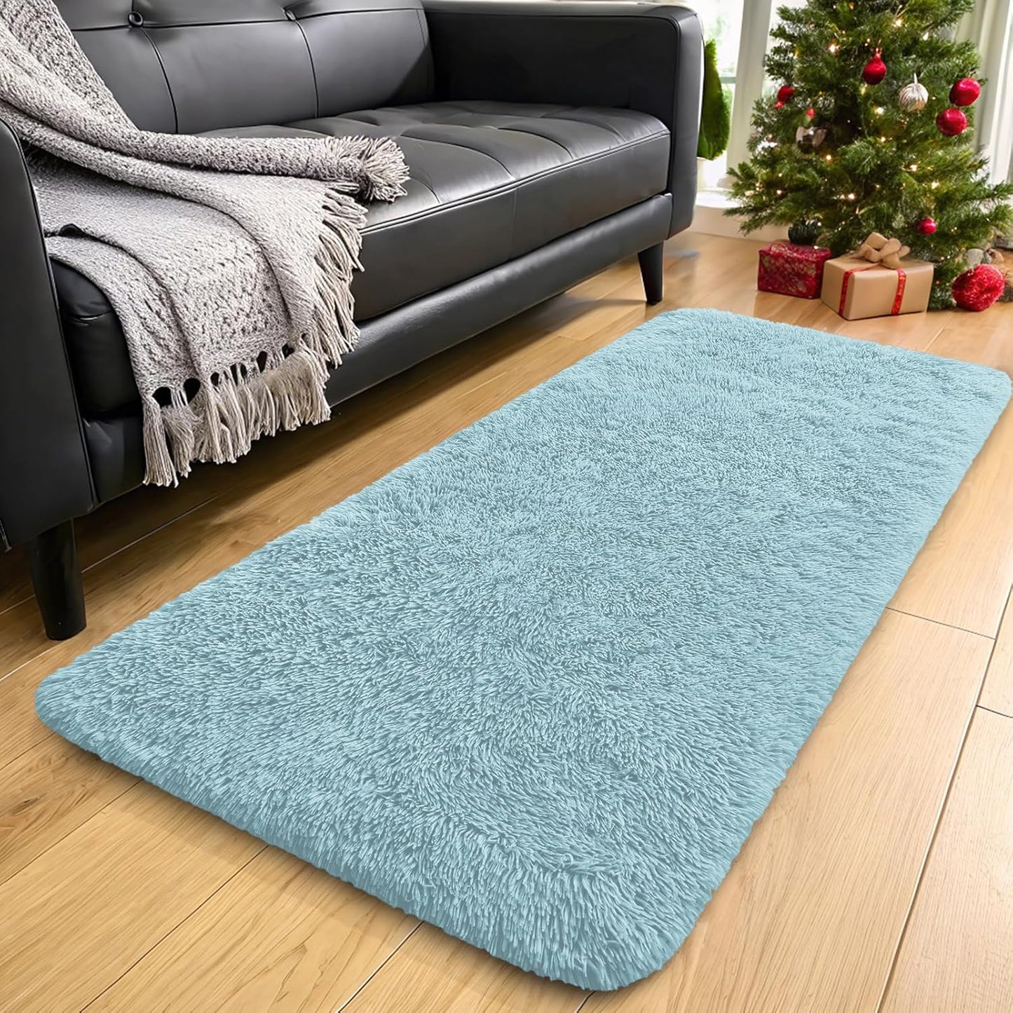 OLANLY Soft Fluffy Shaggy Runner Rugs - Machine Washable Indoor Carpet for Hallway & Bedroom | Light Blue 2x6