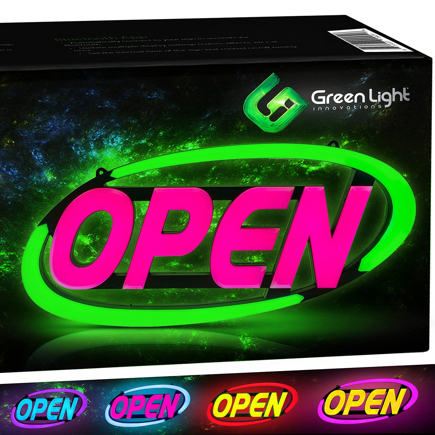 Green Light Innovations Super‑Bright LED Open Sign 15×32 in – Programmable with 64 Color Combos via App or Remote – Static, Scroll, Flash & Phase Modes – Daylight Visible Electric Sign